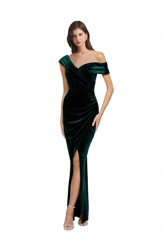 Outlet Long Asymmetric Neckline Ruched Velvet Prom Dress